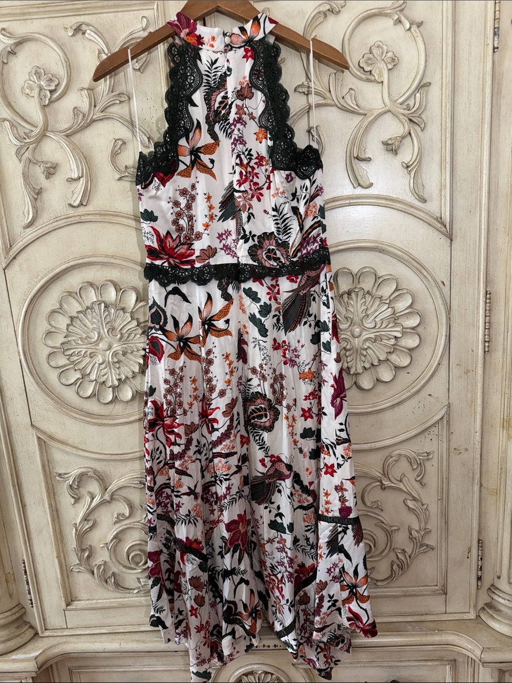 by Anthropologie Floral Lace-Trim Midi Dress in White with Red & Pink Blooms S-8 - Picture 11 of 16